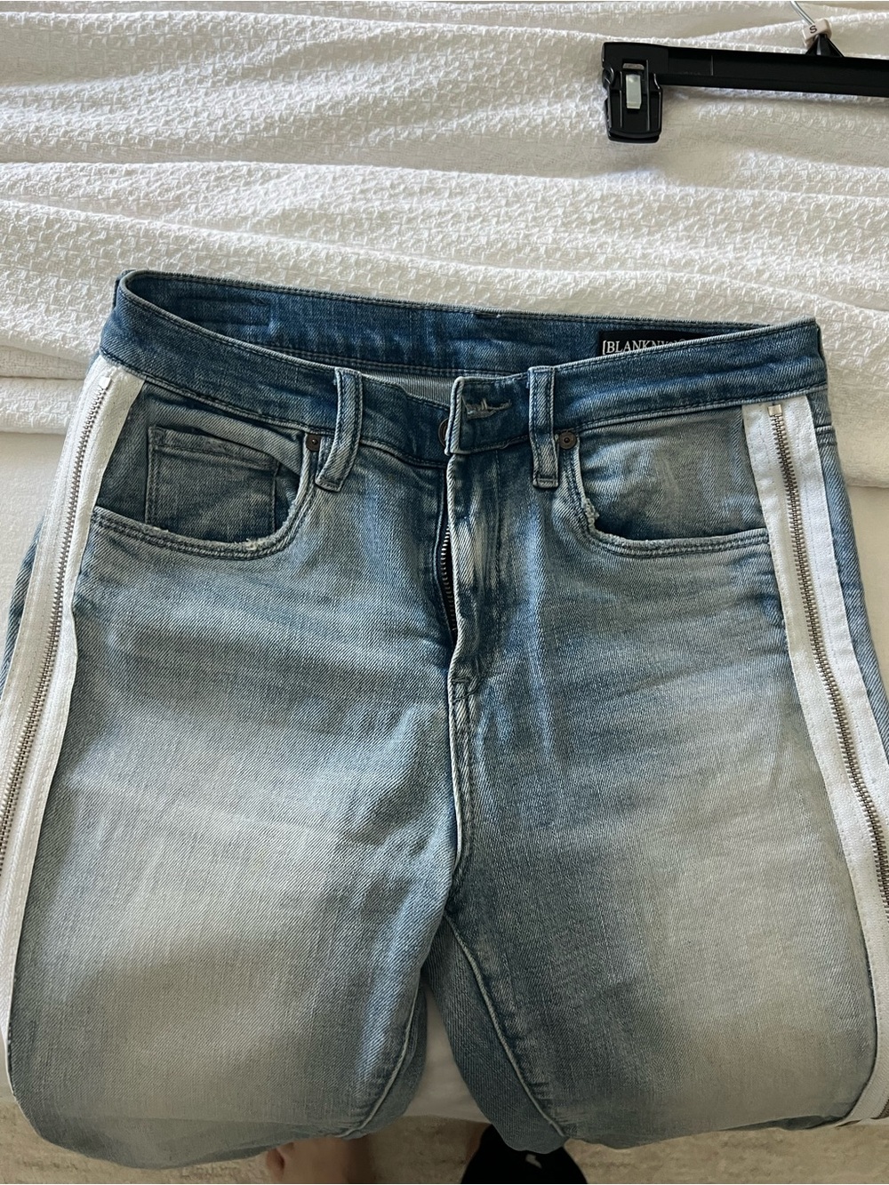 Blank NYC Men’s Light Blue Washed Jeans with White Side Stripe Zipper